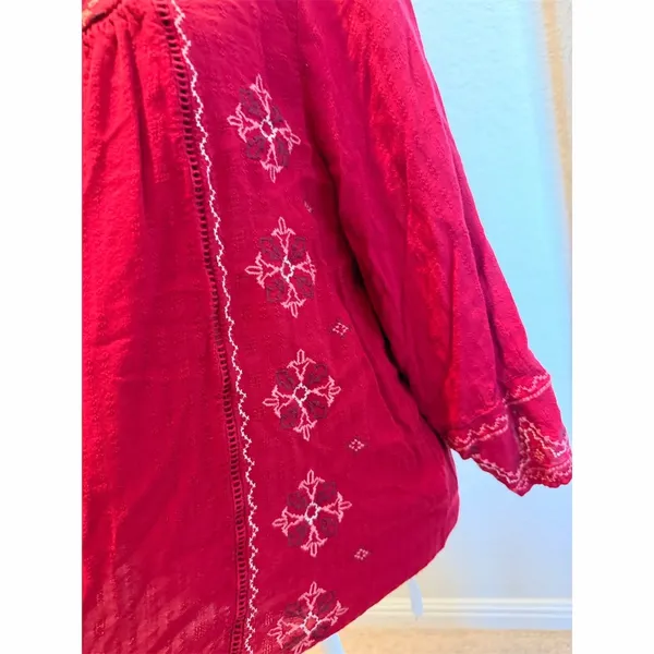Knox Rose Blouse Womens L Burgundy Boho Embroidered Tunic Split Neck 3/4 - Image 5