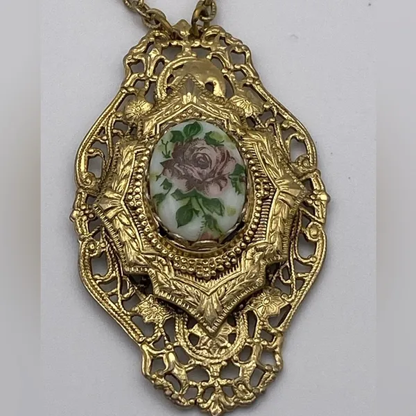 Vintage Victorian Revival filigree 27” necklace. Painted rose on porcelain - Image 3