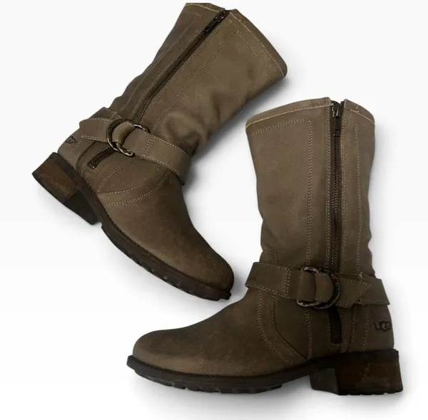 UGG Silva Suede Boots Moto Biker Zip Harness Tan Brown Taupe Women’s Size 6 - Image 11