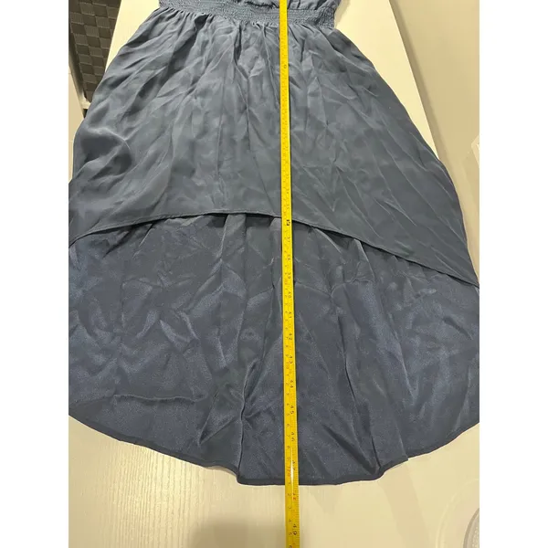 Parker Navy Blue‎ Silk Blend Mesh Back Smocked Waist hi low Midi Dress Size S - Image 8