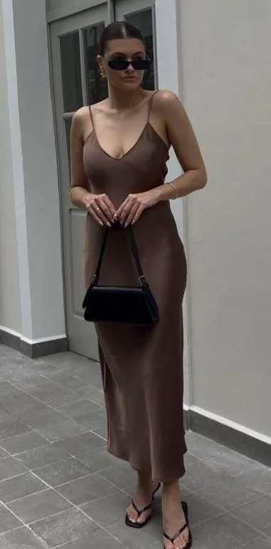 ZARA dress midi maxi satin wedding chocolate brown party cocktail - Image 9