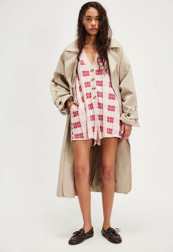 Free People Lewis Plaid Romper Pink Red Plaid Oversized Button Front - Image 4