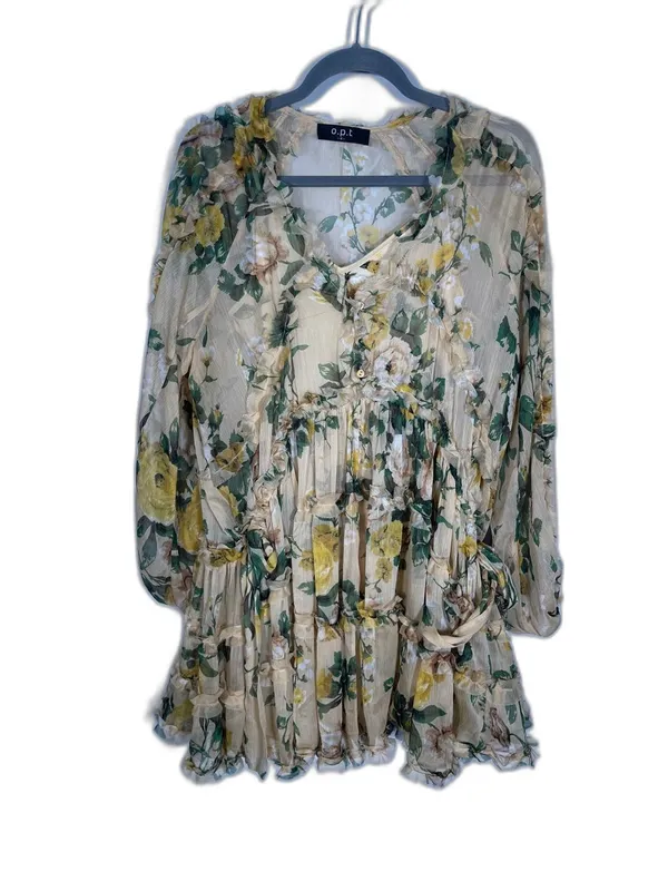 O.P.T Womens Green Yellow Floral Angelique Ruffle Mini Babydoll Dress Small - Image 2