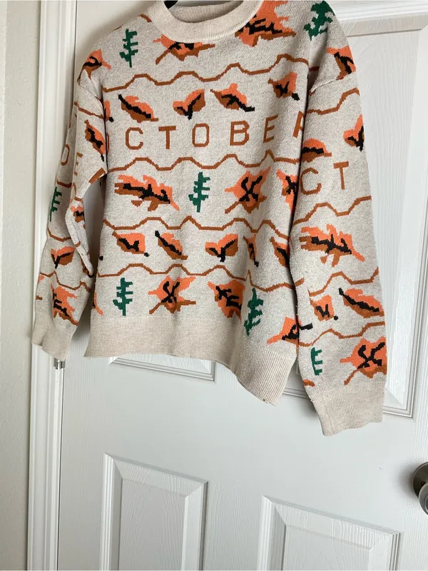 Vintage Style October Fall Sweater Beige Orange Leaves Trees Crewneck Medium / L - Image 3