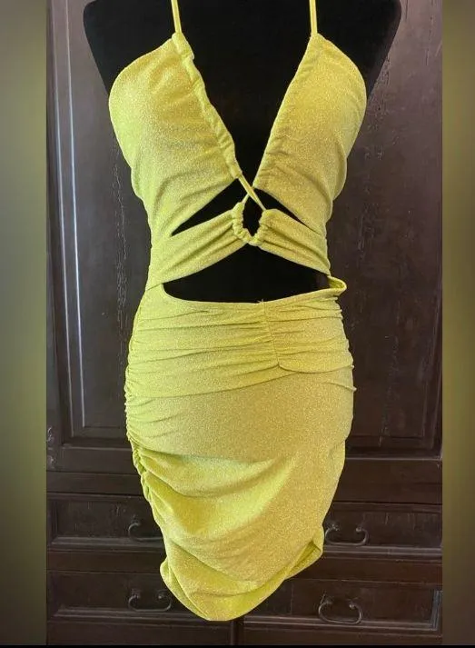 SheIn fluorescent sparkling yellow /green backless dress. Size small - Image 2