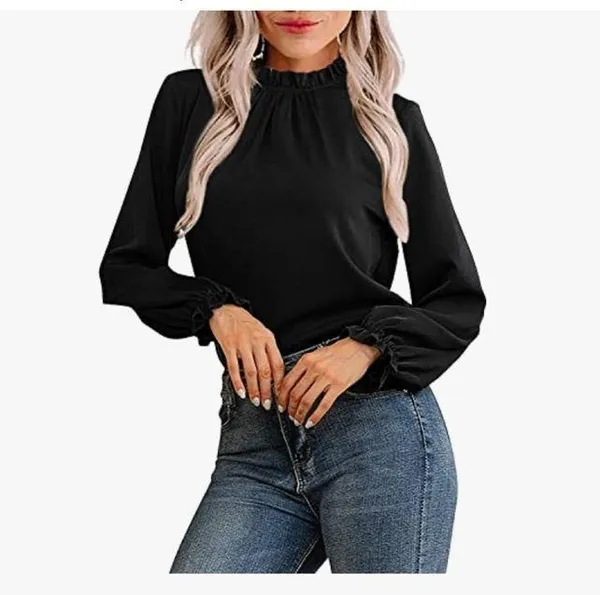 NEW Black long Sleeve Blouse Career Mock Neck Ruffle Top M - Image 3