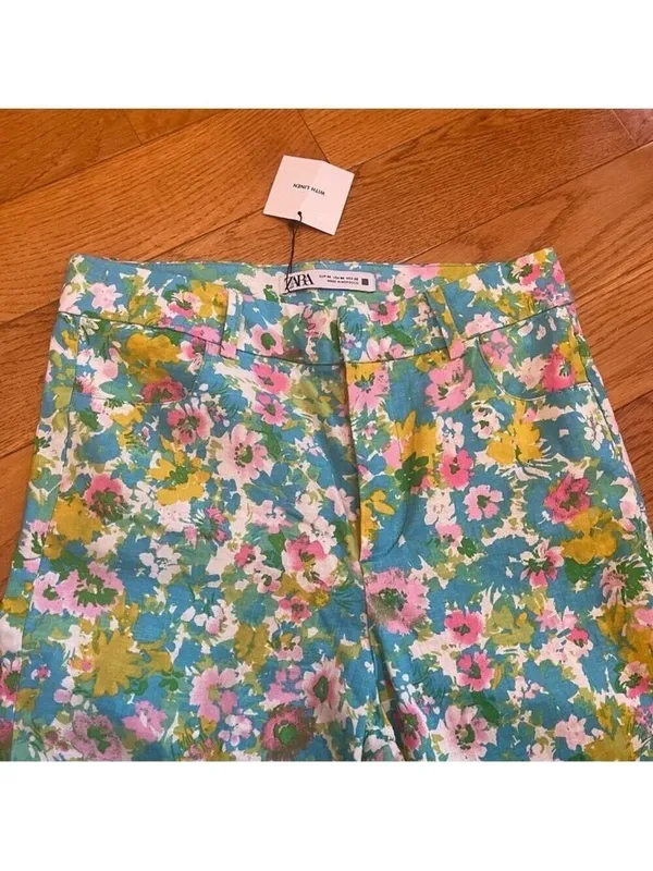 Zara High-Waisted Retro Floral Kick Flare Linen Pants Disco Cottagecore Sz 4 - Image 13