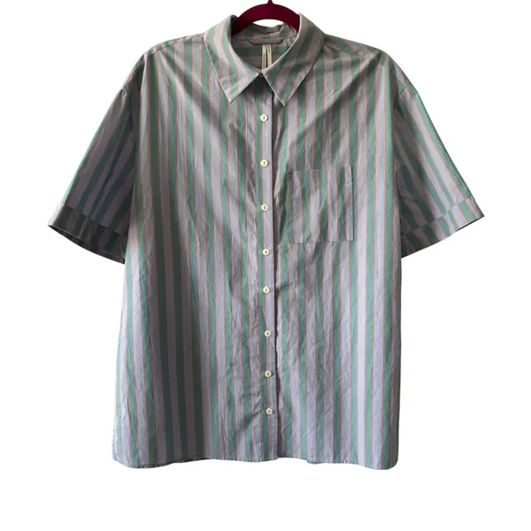Anthropologie Lilac & Green Stripe Short Sleeve Button Up Shirt Womens XS Cotton - Image 2