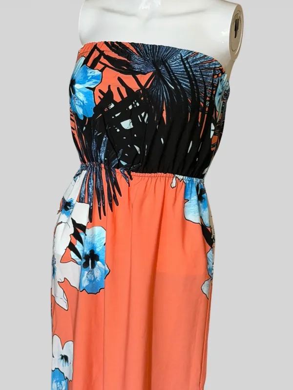 Tyche Coral Strapless Floral Maxi Dress with Blue Accents - Image 3