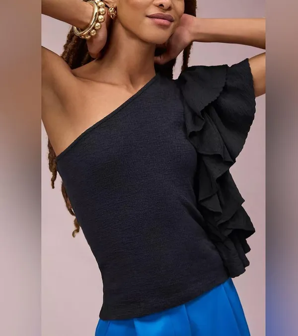 NWT By Anthropologie Ruffled One-Shoulder Top in Black Women’s Size Small - Image 3