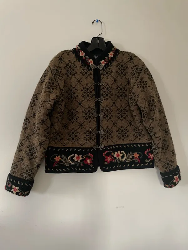 Scandinavian Wool Cardigan Small Brown Floral Embroidered Cottagecore Nordic - Image 2