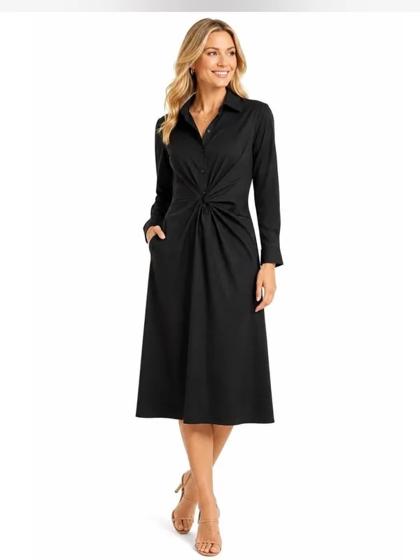Scoop Women's Side Knot Poplin Midi Shirt Dress with Long Sleeves Size Medium - Image 3