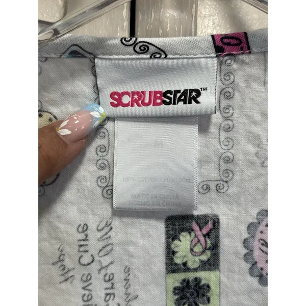 Scrubstar Scrub Top Size M V‎ Neck Pockets Breast Cancer Print Medical Nurse - Image 2