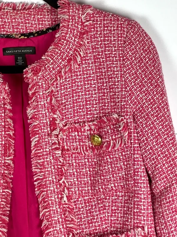 Saks Fifth Avenue Tweed Jacket XS Pink Frayed Trim Open Front Blazer - Image 5