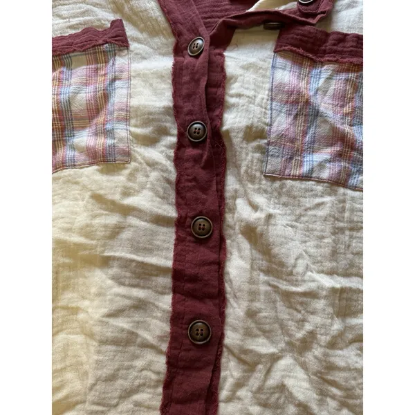 EASEL Women Sz Small Button Down Cotton Tunic Top Long‎ Sleeve Patchwork Raw Hem - Image 6