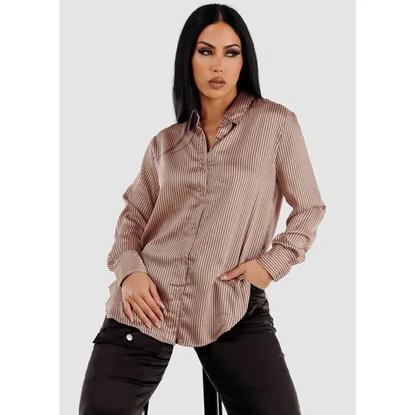 The Workshop Satin Pinstripe Oversized Button Up Shirt Mocha Medium Boyfriend‎ - Image 4
