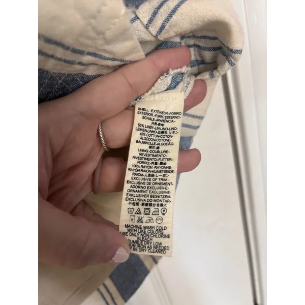 Free People Blue Stripe Tuscan Sunrise Mini Skirt Linen Blend 4 Faux Wrap - Image 6