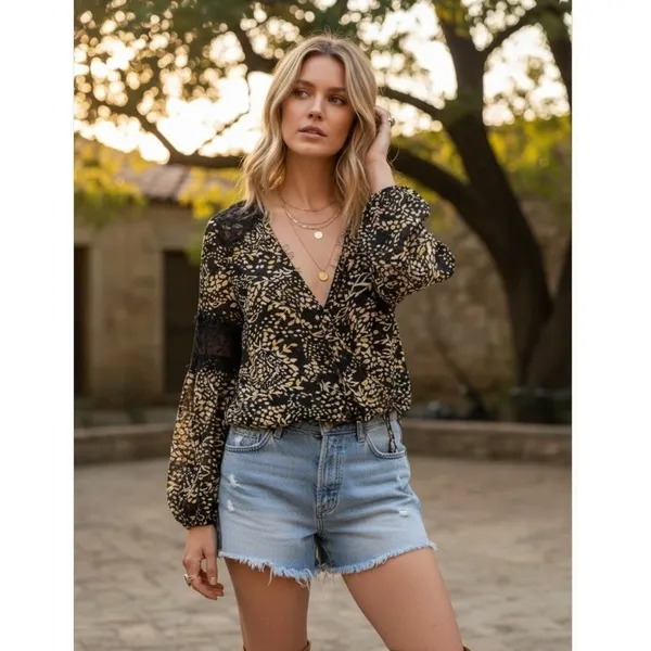 LOVESTITCH Women's Lace Detail Printed Bell Sleeve Blouse Size‎ M Boho - Image 8