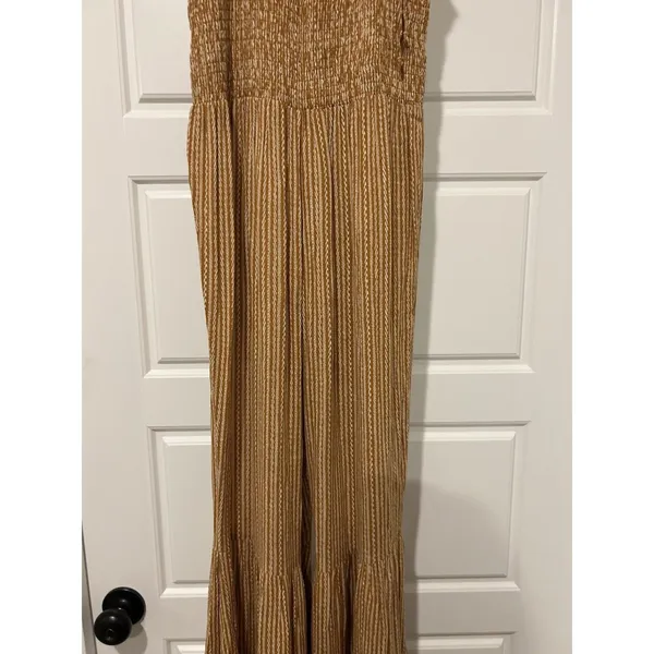 Vestique Women's Mustard Brown Striped Smocked Jumpsuit Size Small Game Day Boho - Image 6