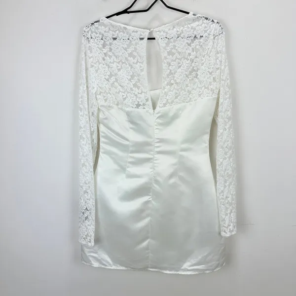 Lulus Prettiest Behavior White Satin Lace Long Sleeve Mini Dress Medium NWT - Image 11