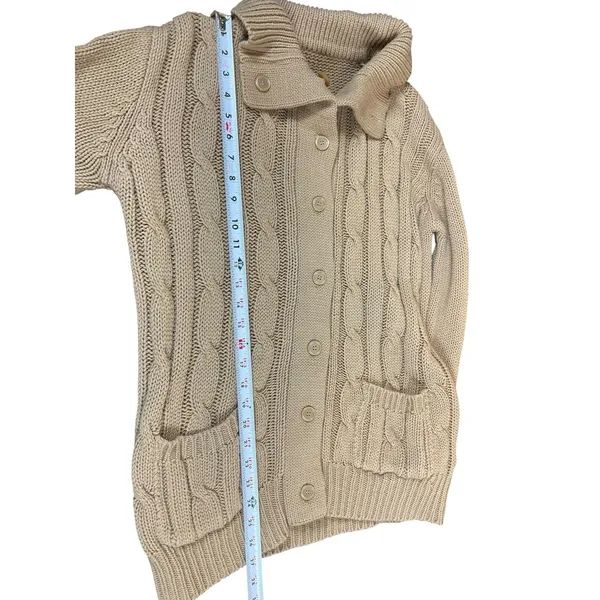 VTG 90s Grandma Beige Cable Knit S Button Front Cardigan Sweater Pocket - Image 5