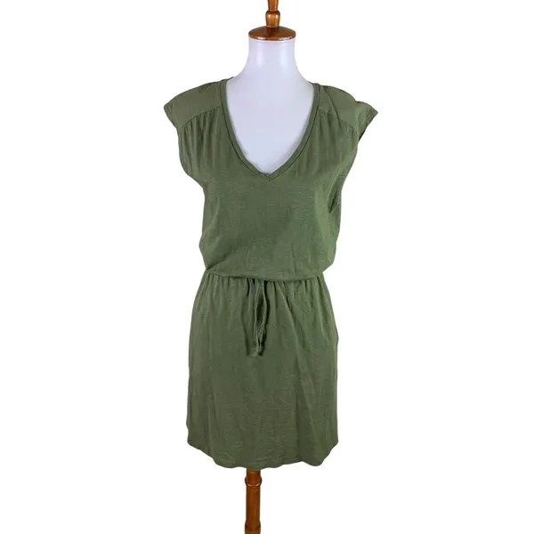 Boden Olive Green V Neck Drawstring Slub Cotton Mini T Shirt Dress Coastal 4R - Image 2