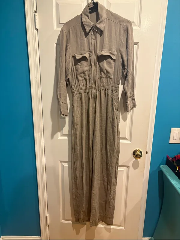 Zara utility coverall jumpsuit M taupe zipper elastic waist safari linen blend - Image 2