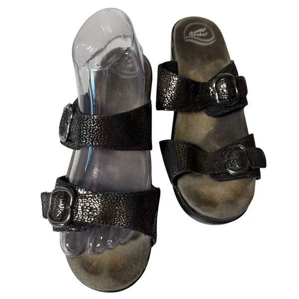Dansko Black Leather Slide Sandals Women 40‎ US 9.5 10 Comfort Buckle Shoes - Image 2