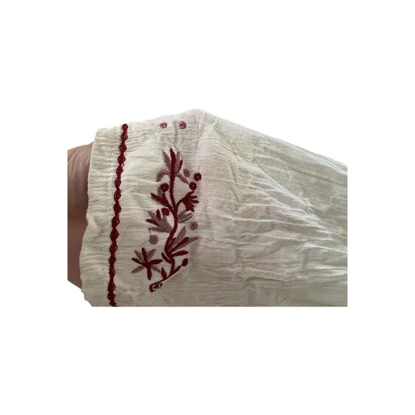 Vintage Ivory/Burgundy Embroidered Lace Up Peasant Crinkle Long Sleeve Top Boho - Image 4