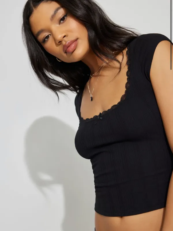 Garage Black Myla Scoop Neck Lace Trim Rib Tee - Image 3