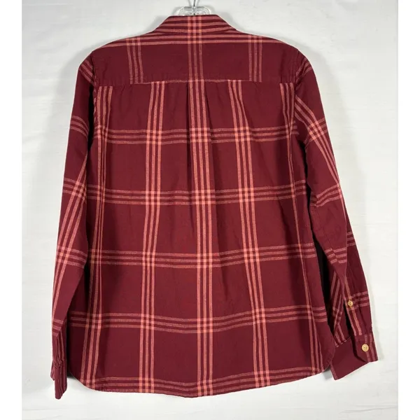 LL Bean Signature Womens‎ Small Burgundy Plaid Cotton Flannel Popover Shirt - Image 2