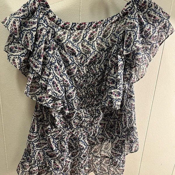 NWT ISABEL MARANT Etoile Madrana Print Flutter Sleeve Blouse Top - Blue White 4 - Image 3
