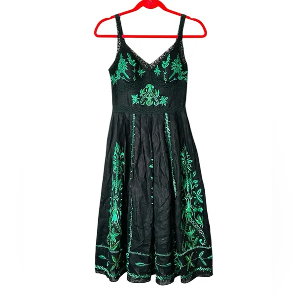Vintage Sue Wong Linen Midi Dress Beaded Embroidery Summer Party Vacation - Image 2