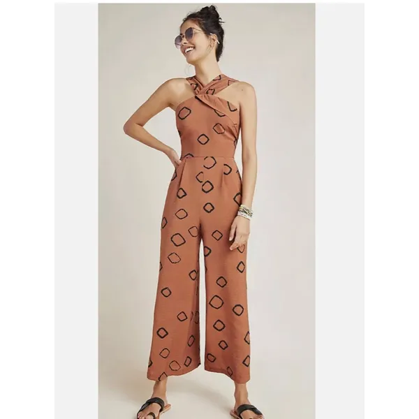 Eva‎ Franco Faith Jumpsuit Rust Geometric Wide Leg Halter Boho 4 - Image 2