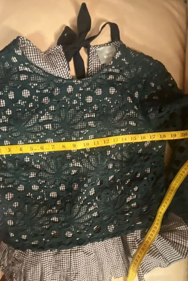 Maeve Anthropologie Gabriella Green Lace and Gingham Peplum Long Sleeve Top - Image 8