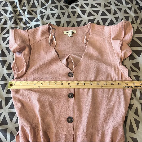 Monteau‎ Pink Crepe Chiffon Button Front V-Neck Flutter Cap Sleeve Midi Dress L - Image 9