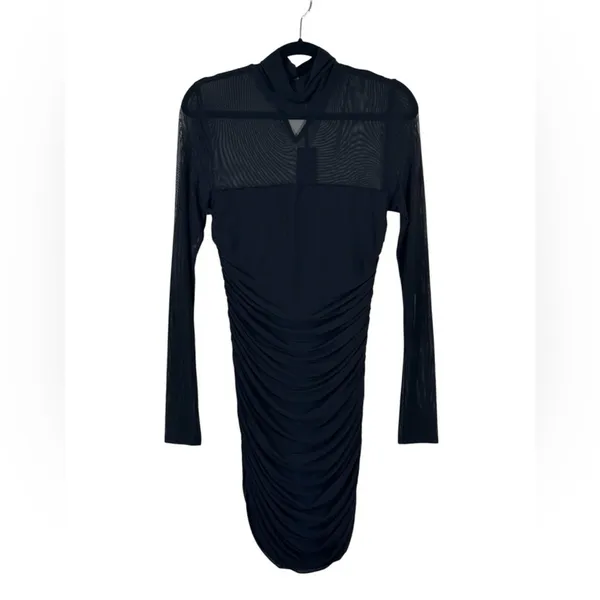 H:ours Black Ruched Bodycon Mini Dress Womens M Sheer Baddie Party Night Out - Image 2