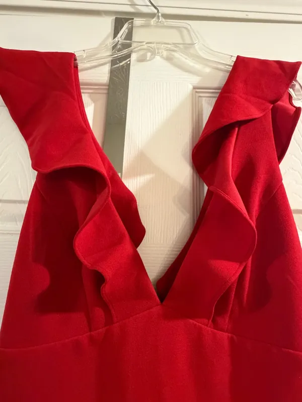 Lulu's Red Ruffle-Trim V-Neck Prom Gown - Image 4