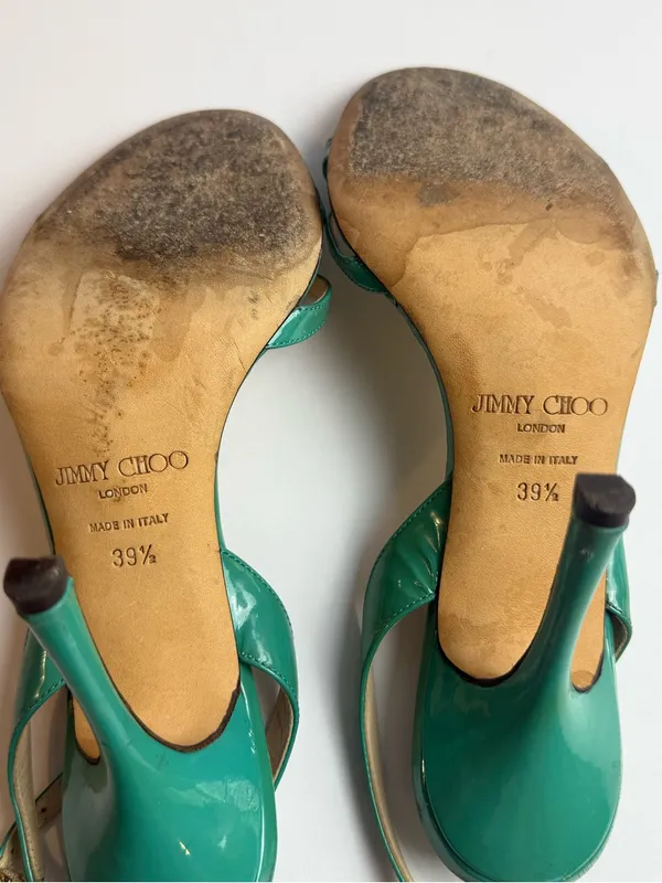Jimmy Choo Green Patent Leather Strappy Slingback Stiletto Sandals Size 39.5‎ - Image 16
