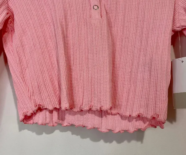 BP. Women’s Scoop Neck Waffle Knit Cropped Henley Long Sleeve Pink Candy NWT - Image 3