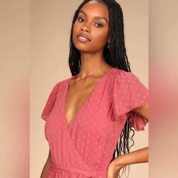 Lulus Have Harmony Swiss Dot Ruffled Faux Wrap Midi Dress in Mauve Size Medium‎ - Image 4