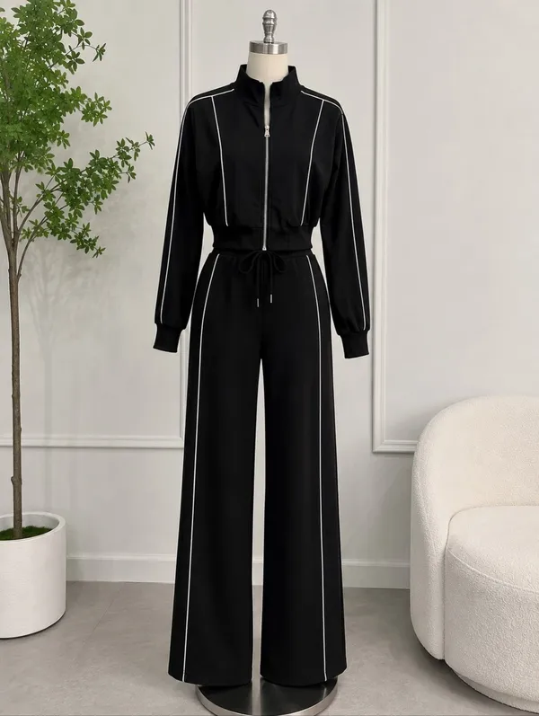 New 2 Piece Set Black Straight-leg Zip Feont Top - Image 2