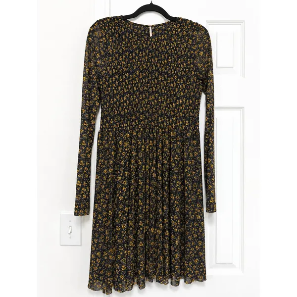 Free People Black Yellow Floral Smocked Sheer Long Sleeve Midi Dress XS - Image 2