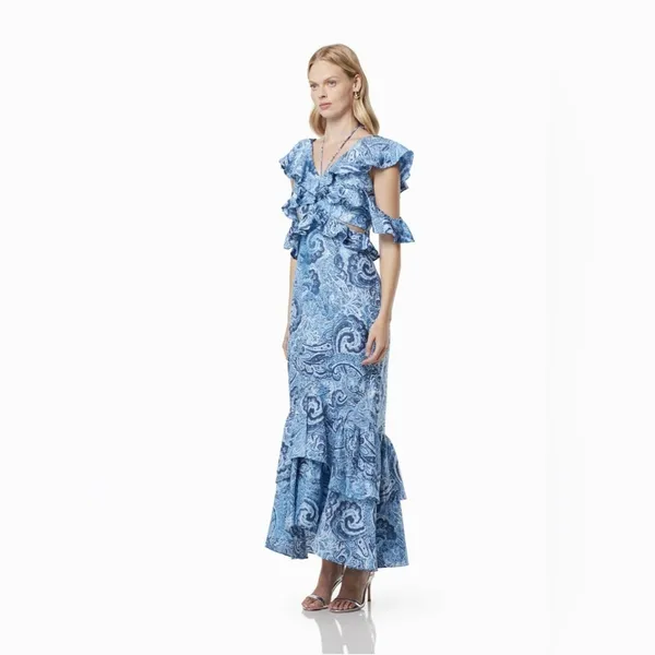 Elliatt Snow Printed Linen Gown Blue Floral Wedding Guest Vacation Summer - Image 4
