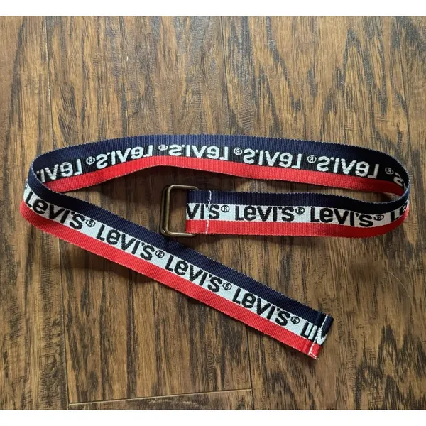 Vintage Levi's Belt Red White Blue Logo Striped Adjustable Fabric D Ring - Image 3