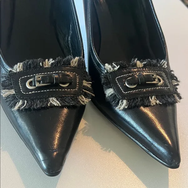 Black Pointed-Toe Kitten Heel Pumps with Decorative Buckle - Image 2