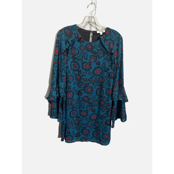 Hashttag in Trend Floral Shift Dress Womens S Teal Blue Ruffle‎ Bell Sleeve Mini - Image 3