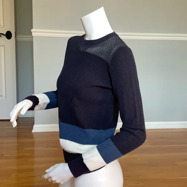 Lacoste Striped Knit Crewneck Pullover Sweater Women’s Size 36 Navy Blue White - Image 4