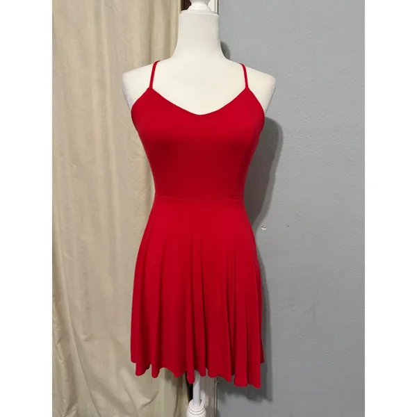 Forever 21 Red Skater Dress Small V-Neck Crisscross Back Mini Small Y2K Romantic - Image 9