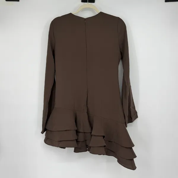 Zara NWT Brown Modal Blend Asymmetric Ruffle Hem Mini Dress M Long Sleeve - Image 2